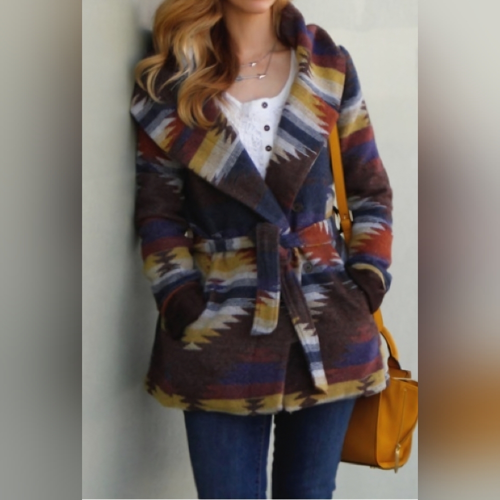 Mossimo Hooded Aztec Southwestern Belted Colorful Coat Wool Blend Size Small